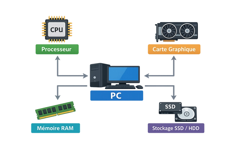 Sch&eacute;ma simple des composants d&rsquo;un PC : CPU, RAM, GPU et stockage SSD/HDD