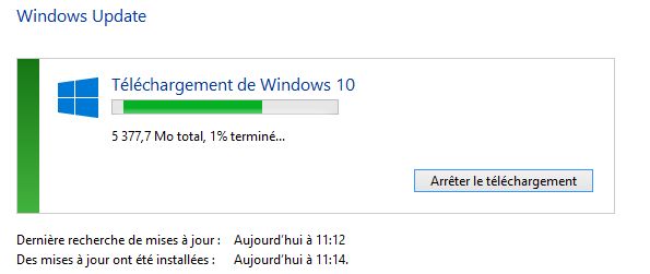 Windows Update t&eacute;l&eacute;charge l'installation de Windows 10